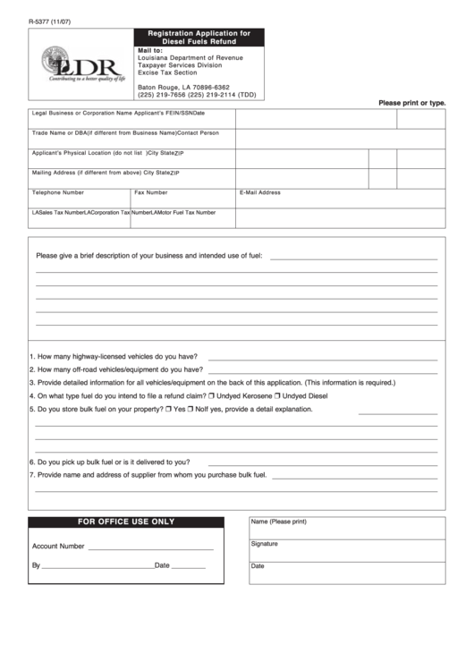 Fillable Form R-5377 - Registration Application For Diesel Fuels Refund Printable pdf