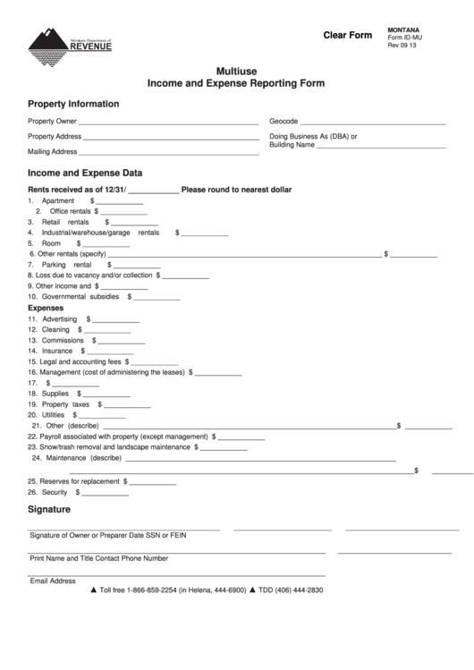 Fillable Montana Form Id-Mu - Multiuse Income And Expense Reporting Form Printable pdf