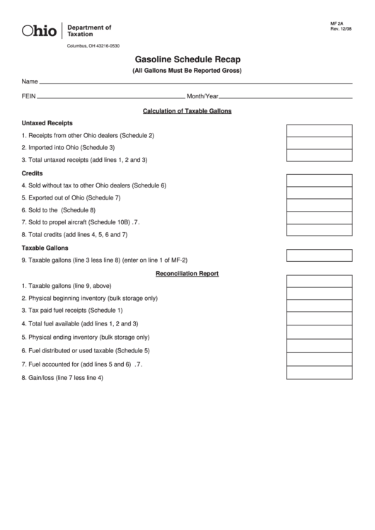 Fillable Form Mf 2a - Gasoline Schedule Recap Printable pdf