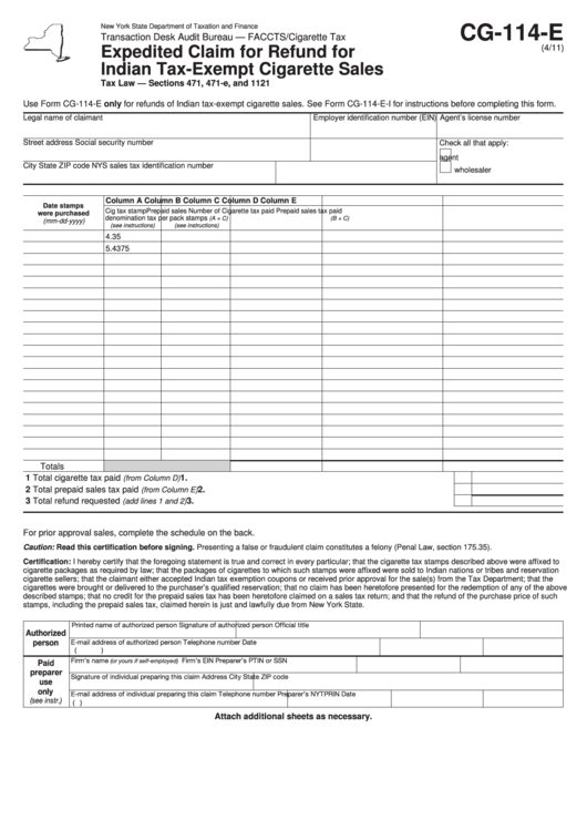 Form Cg-114-E - Expedited Claim For Refund For Indian Tax-Exempt Cigarette Sales Printable pdf