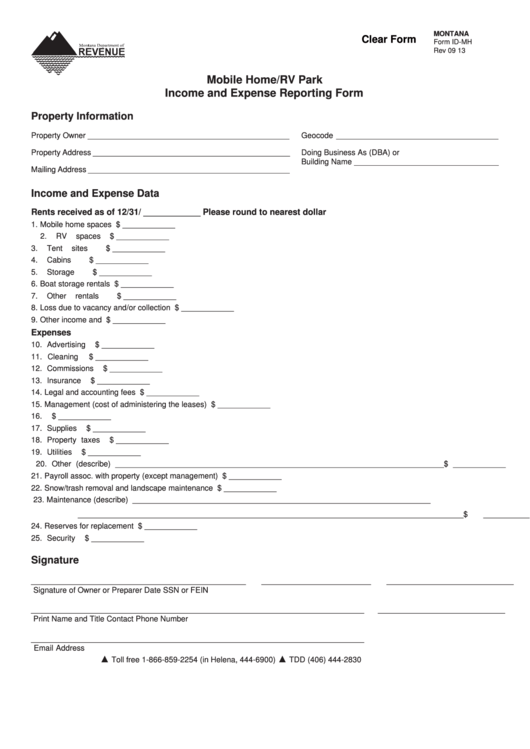Fillable Montana Form Id-Mh - Mobile Home/rv Park Income And Expense Reporting Form Printable pdf