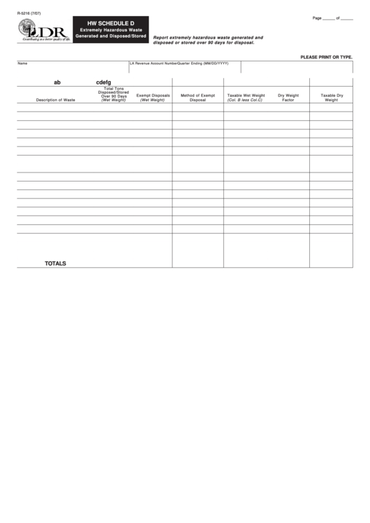 Fillable Form R-5216 - Hw Schedule D - Extremely Hazardous Waste Generated And Disposed/stored Printable pdf