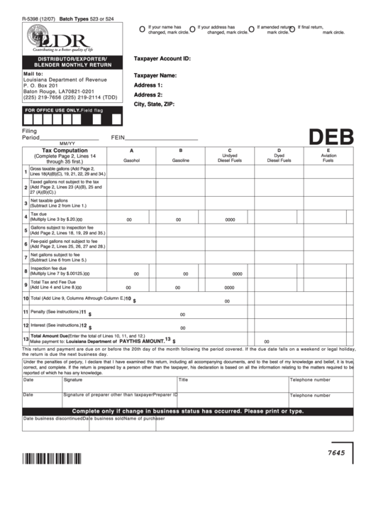Fillable Form R-5398 - Distributor/exporter/ Blender Monthly Return Printable pdf