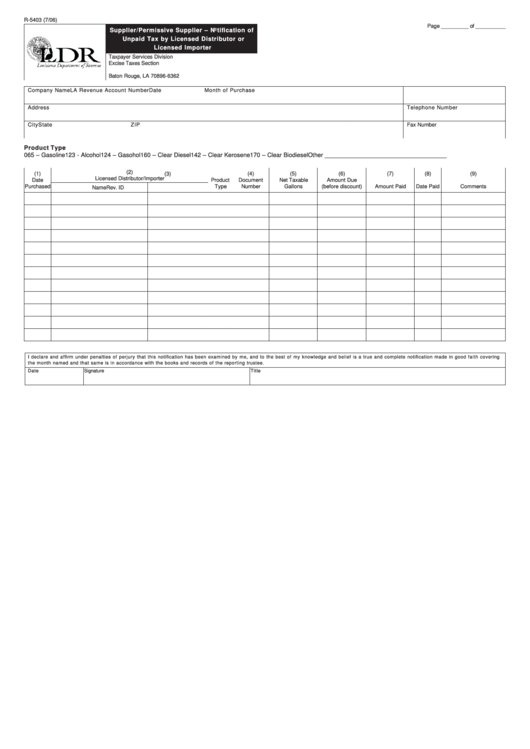 Fillable Form R-5403 - Supplier/permissive Supplier - Notification Of Unpaid Tax By Licensed Distributor Or Licensed Importer Printable pdf