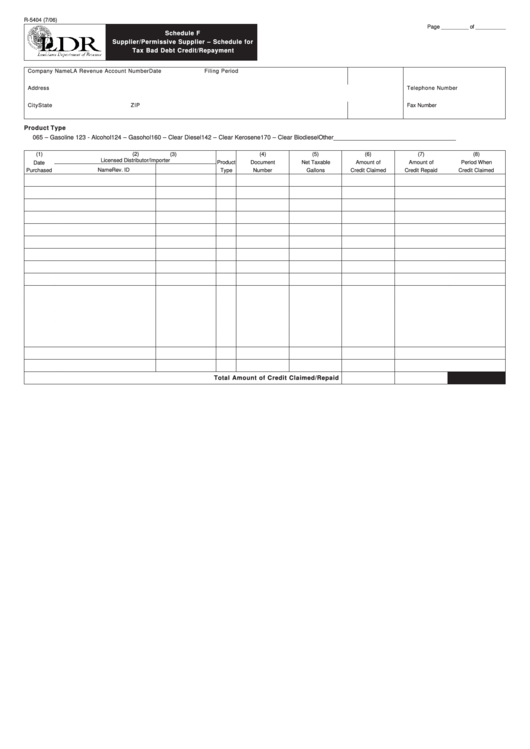 Fillable Form R-5404 - Schedule F - Supplier/permissive Supplier - Schedule For Tax Bad Debt Credit/repayment Printable pdf