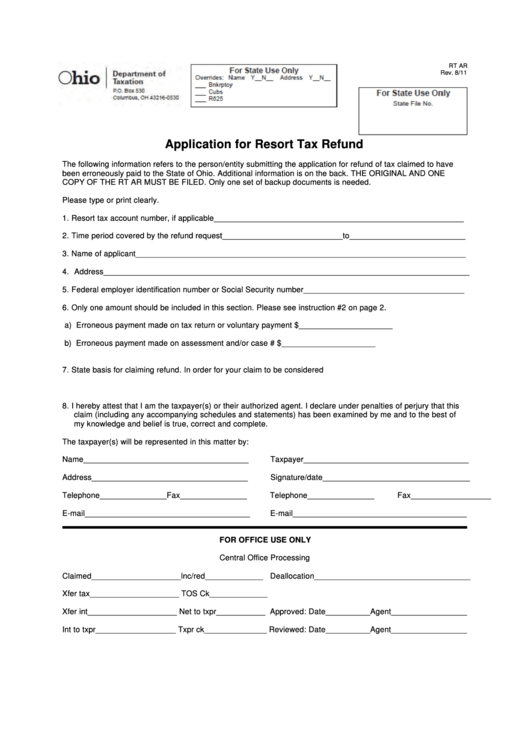 Fillable Form Rt Ar - Application For Resort Tax Refund Printable pdf