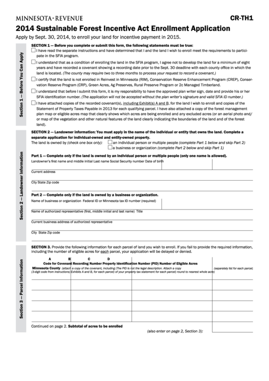 Fillable Form Cr-Th1 - Sustainable Forest Incentive Act Enrollment Application - 2014 Printable pdf