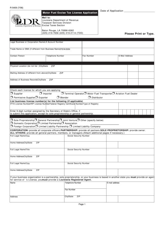 Fillable Form R-5409 - Motor Fuel Excise Tax License Application Printable pdf
