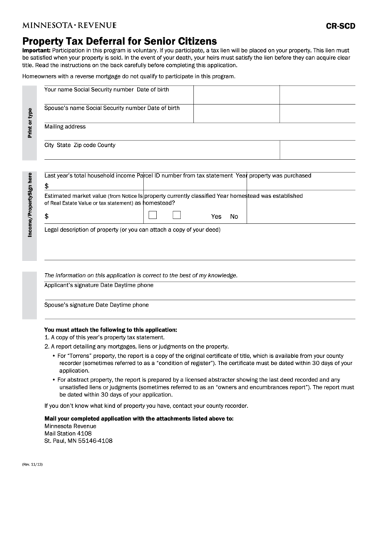 Fillable Form Cr-Scd - Property Tax Deferral For Senior Citizens Printable pdf