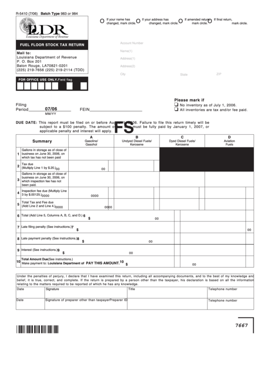 Fillable Form R-5410 - Fuel Floor Stock Tax Return Printable pdf