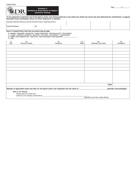 Fillable Form R-5292 - Schedule E - Schedule Of Exportations To Support Deduction Claimed Printable pdf