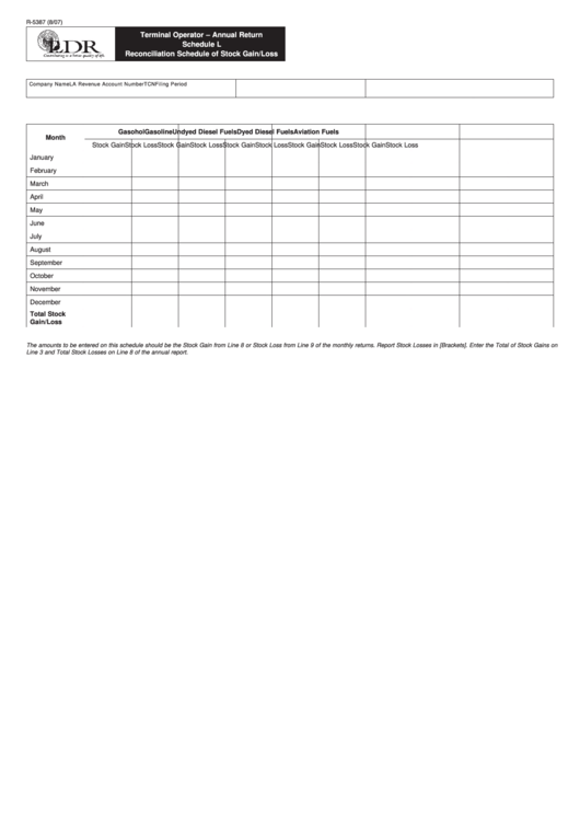 Fillable Form R-5387 - Schedule L - Terminal Operator - Annual Return Reconciliation Schedule Of Stock Gain/loss Printable pdf