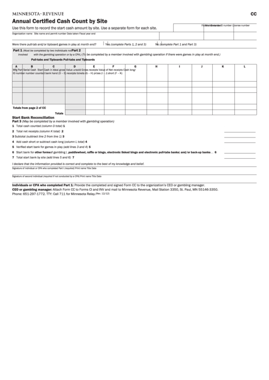 Fillable Form Cc - Annual Certified Cash Count By Site Printable pdf