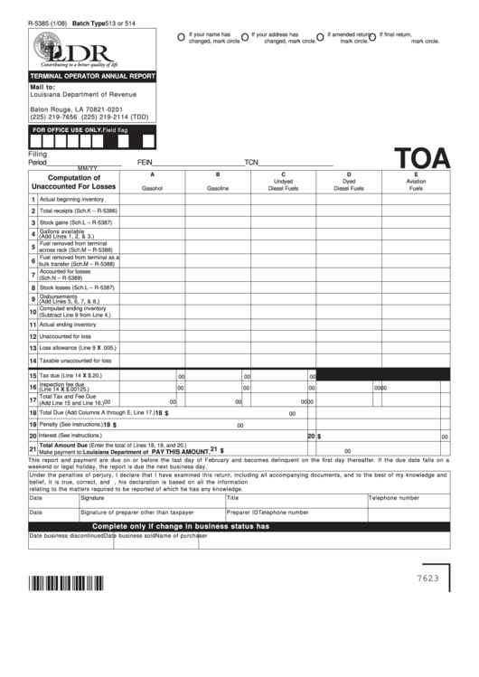 Fillable Form R-5385 - Terminal Operator Annual Report Printable pdf