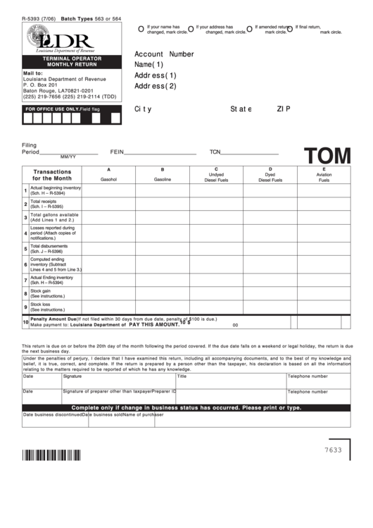 Fillable Form R-5393 - Terminal Operator Monthly Return Printable pdf