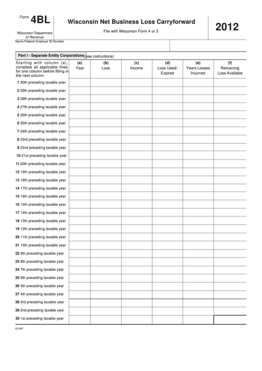 Fillable Form 4bl - Wisconsin Net Business Loss Carryforward - 2012 Printable pdf