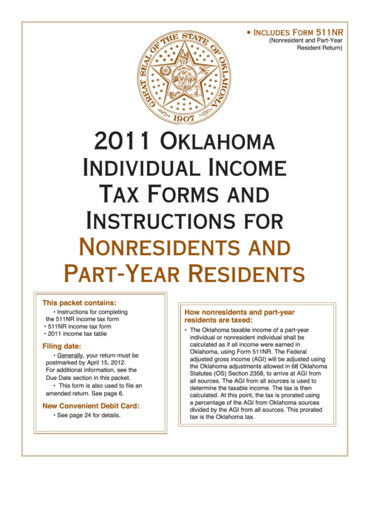 Fillable Form 511nr - Oklahoma Nonresident/ Part-Year Income Tax Return - 2011 Printable pdf