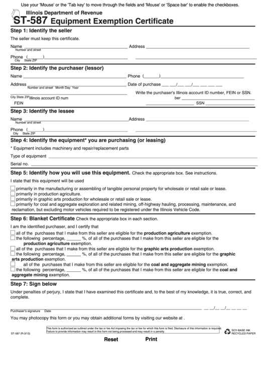 Fillable Form St-587 - Equipment Exemption Certificate Printable pdf