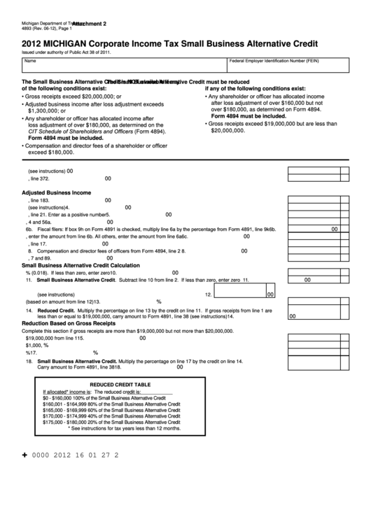 Form 4893 - Corporate Income Tax Small Business Alternative Credit - 2012 Printable pdf