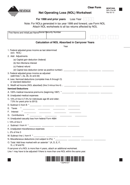 Fillable Form Nol-Pre-99 - Net Operating Loss (Nol) Worksheet (For 1998 And Prior Years) Printable pdf