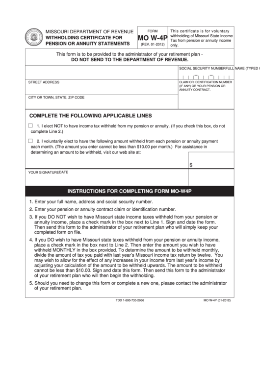 Fillable Form Mo W4p Withholding Certificate For Pension Or Annuity