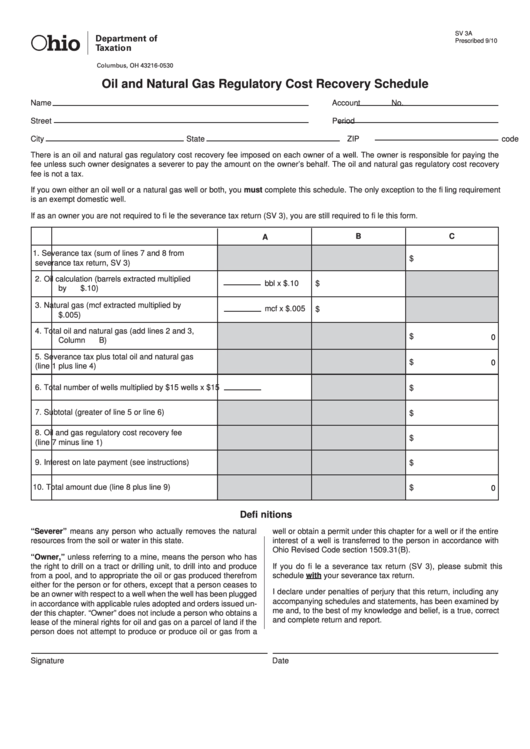Fillable Form Sv 3a Oil And Natural Gas Regulatory Cost Recovery