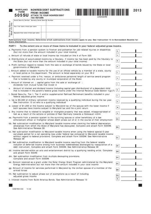 Fillable Maryland Form 505su - Nonresident Subtractions From Income - 2013 Printable pdf