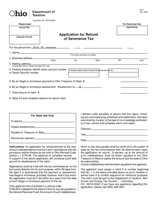 Fillable Form Sv 4 - Application For Refund Of Severance Tax Printable pdf