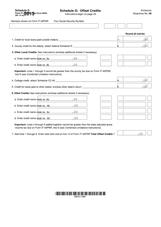 Fillable Form It-40pnr - Schedule G: Offset Credits - 2013 Printable pdf
