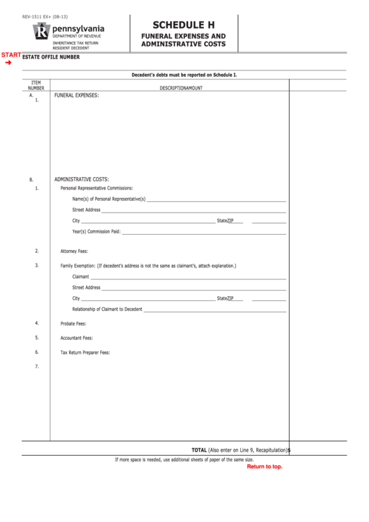 Fillable Form Rev-1511 Ex+ (Schedule H) - Funeral Expenses And Administrative Costs Printable pdf