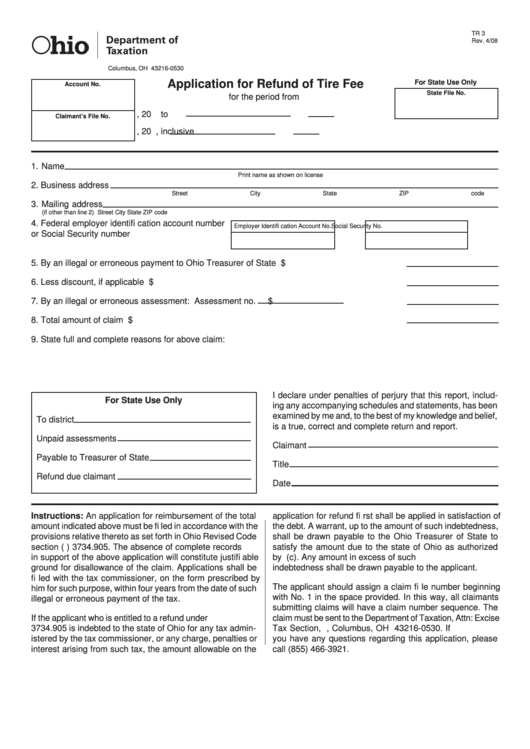 Fillable Form Tr 3 - Application For Refund Of Tire Fee Printable pdf