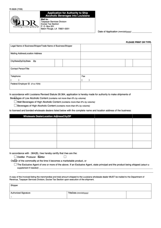 Fillable Form R-5626 - Application For Authority To Ship Alcoholic Beverages Into Louisiana Printable pdf