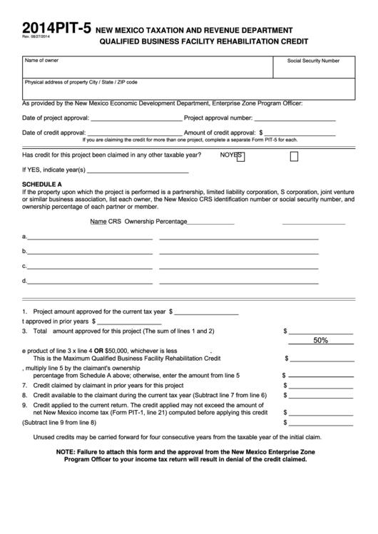 Fillable Form Pit-5 - Qualified Business Facility Rehabilitation Credit - 2014 Printable pdf