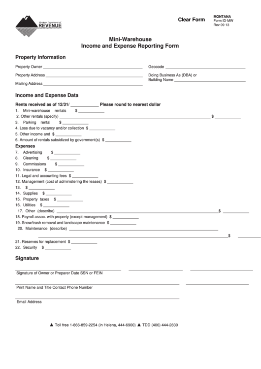 Fillable Montana Form Id-Mw - Mini-Warehouse Income And Expense ...