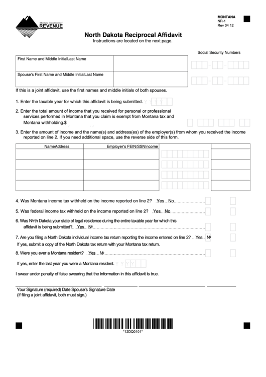 Form Nr-1 - North Dakota Reciprocal Affidavit Printable pdf