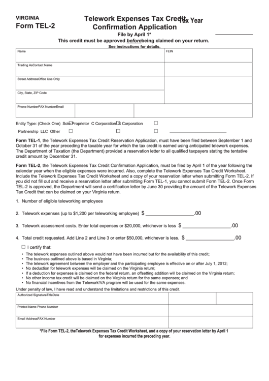 Fillable Virginia Form Tel-2 - Telework Expenses Tax Credit Confirmation Application Printable pdf