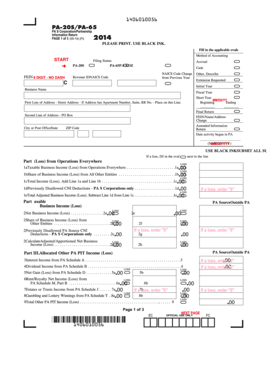 Fillable Form Pa-20s/pa-65 - Pa S Corporation/partnership Information Return - 2014 Printable pdf