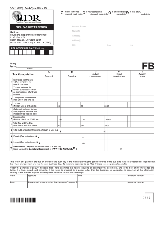 Fillable Form R-5411 - Fuel Backup Tax Return Printable pdf