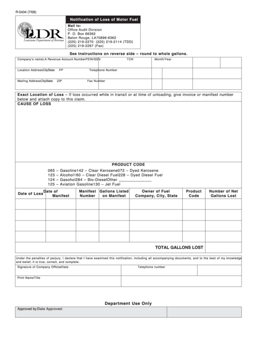 Fillable Form R-5434 - Notification Of Loss Of Motor Fuel - 2006 Printable pdf