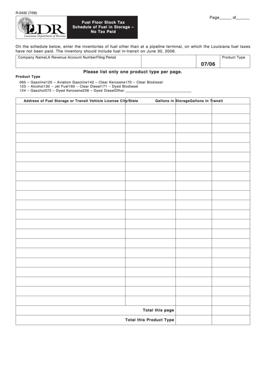 Fillable Form R-5432 - Fuel Floor Stock Tax Schedule Of Fuel In Storage - No Tax Paid Printable pdf