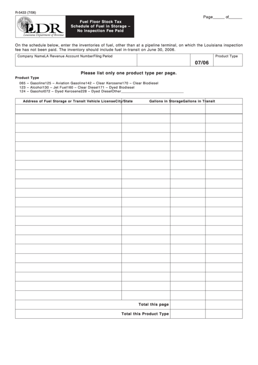 Fillable Form R-5433 - Fuel Floor Stock Tax Schedule Of Fuel In Storage - No Inspection Fee Paid Printable pdf