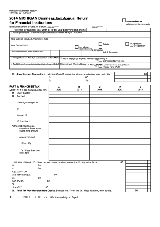Form 4590 - Business Tax Annual Return For Financial Institutions - 2014 Printable pdf