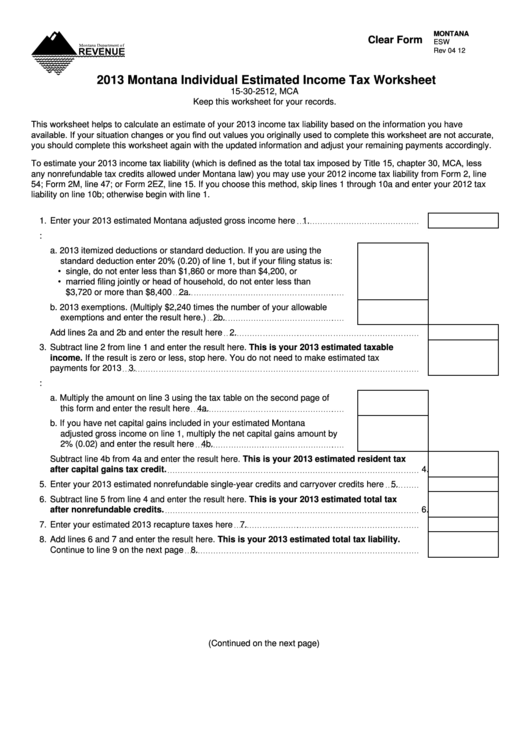 Fillable Form Esw - Montana Individual Estimated Income Tax Worksheet - 2013 Printable pdf