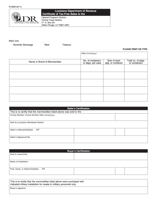 Fillable Form R-5606 - Certificate Of Tax-Free Sales To The U.s. Armed Forces Printable pdf