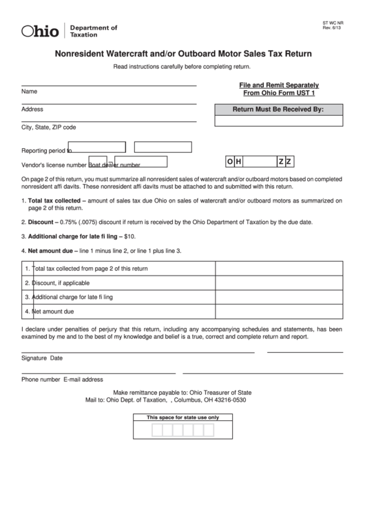Fillable Form St Wc Nr - Nonresident Watercraft And/or Outboard Motor Sales Tax Return Printable pdf