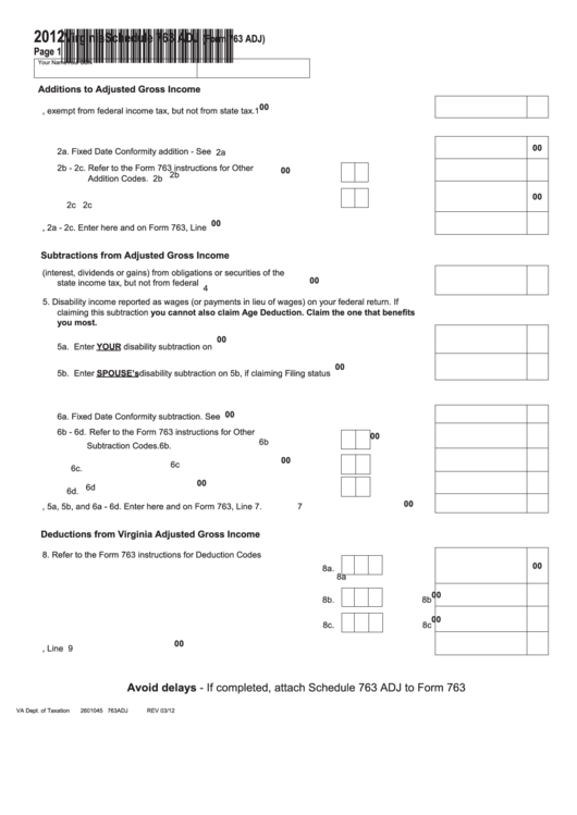 Fillable Virginia Schedule 763 Adj (Form 763 Adj) - 2012 Printable pdf