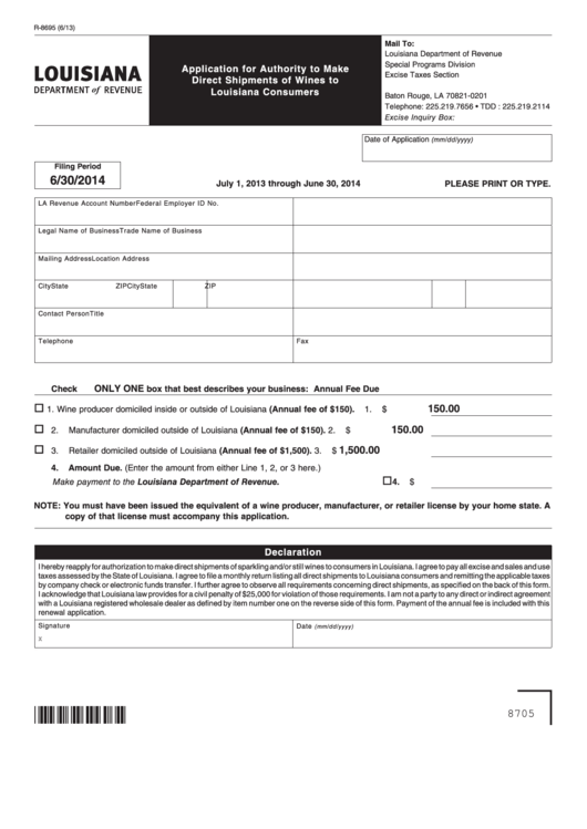 Fillable Form R-8695 - Application For Authority To Make Direct Shipments Of Wines To Louisiana Consumers Printable pdf
