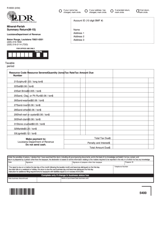 Fillable Form R-9000 - Mineral-Parish Summary Return Printable pdf