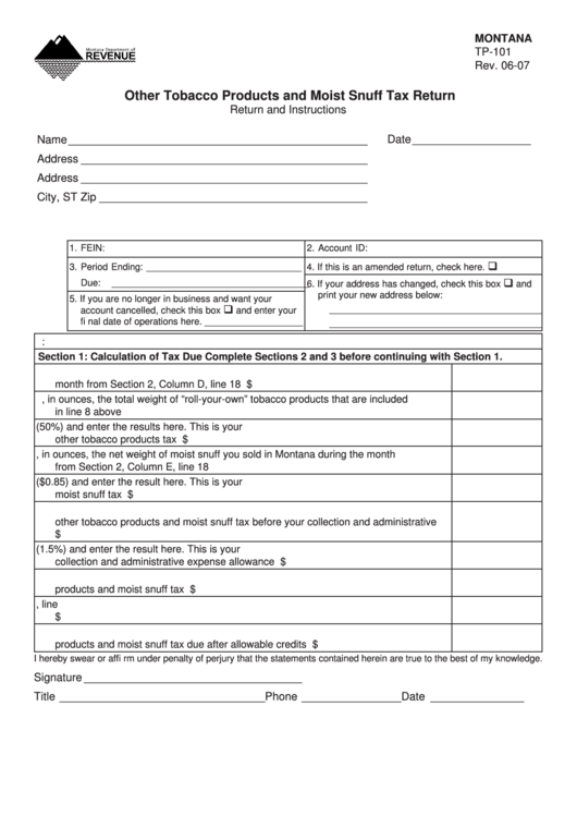 Fillable Montana Form Tp-101 - Other Tobacco Products And Moist Snuff Tax Return Printable pdf