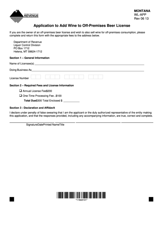 Montana Form Wl-App - Application To Add Wine To Off-Premises Beer License Printable pdf